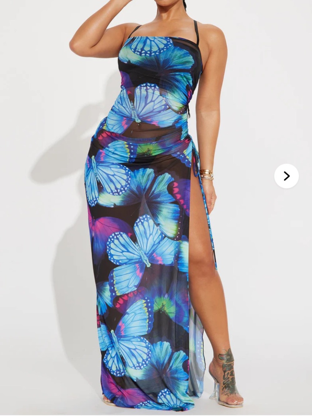 Blue Butterfly Print Mesh Maxi Dress